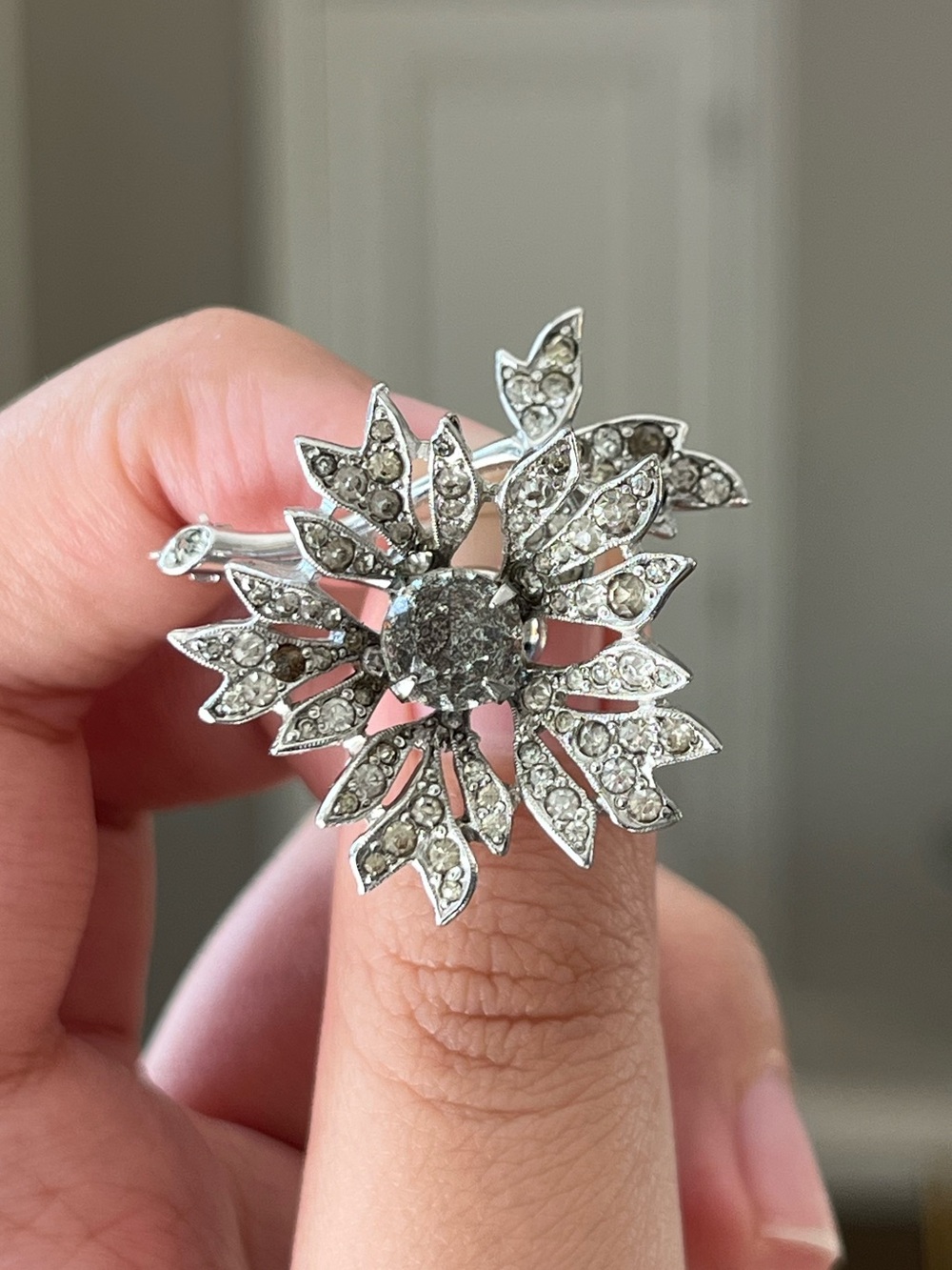 Vintage Christian Dior By Kramer Trembler Flower Rhinestone Silver Brooch Pin
